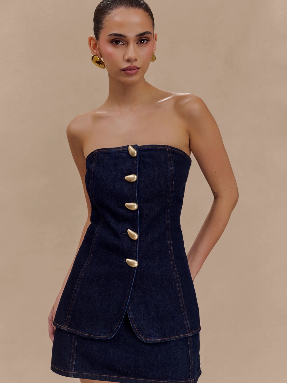 Meshki Strapless Dark Denim Set with Gold Buttons XS TOP SMALL BOTTOM